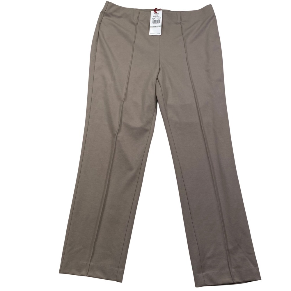 Ruby Rd Pants Womens 1X Taupe Holiday Rose Front Seam Pull On Straight Leg NEW